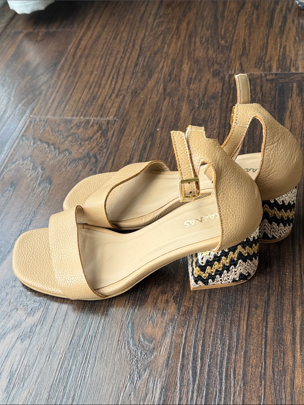 Kaanas Leather Tan Block Heel Sandals with Woven Patterned Heel